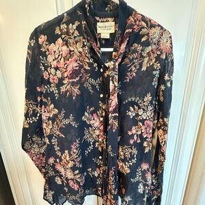 Denim & Supply Ralph Lauren Tie Neck Top Navy Blue Floral Print Blouse Large
